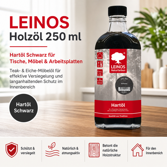 LEINOS Holzöl 250 ml | Hartöl Schwarz für Tische Möbel Arbeitsplatten | Teak Eiche Möbelöl für effektive Versiegelung und langanhaltenden Schutz im Innenbereich