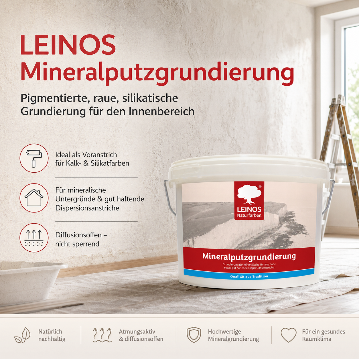 LEINOS Mineralputzgrundierung 10 L – pigmentierte, raue silikatische Grundierung für innen, Voranstrich für Silikat- und Kalkfarben auf Putz, Beton, Ziegel, Lehmputz und Gipskarton, atmungsaktiv weiß!