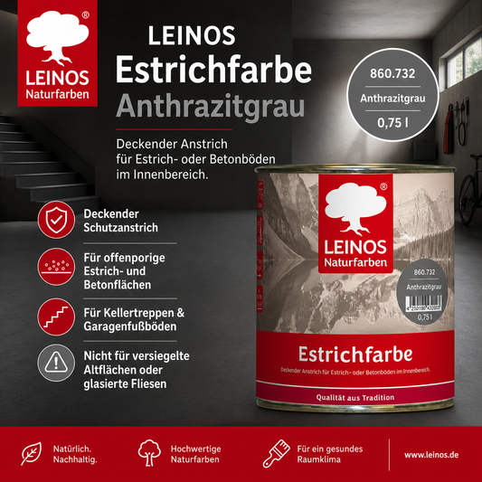 LEINOS Estrichfarbe 860 0,75L Anthrazitgrau– seidenglänzende Beton- & Estrichfarbe für Innen – strapazierfähig & deckend – für Keller, Treppen & Garagenböden – offenporiger Schutzanstrich