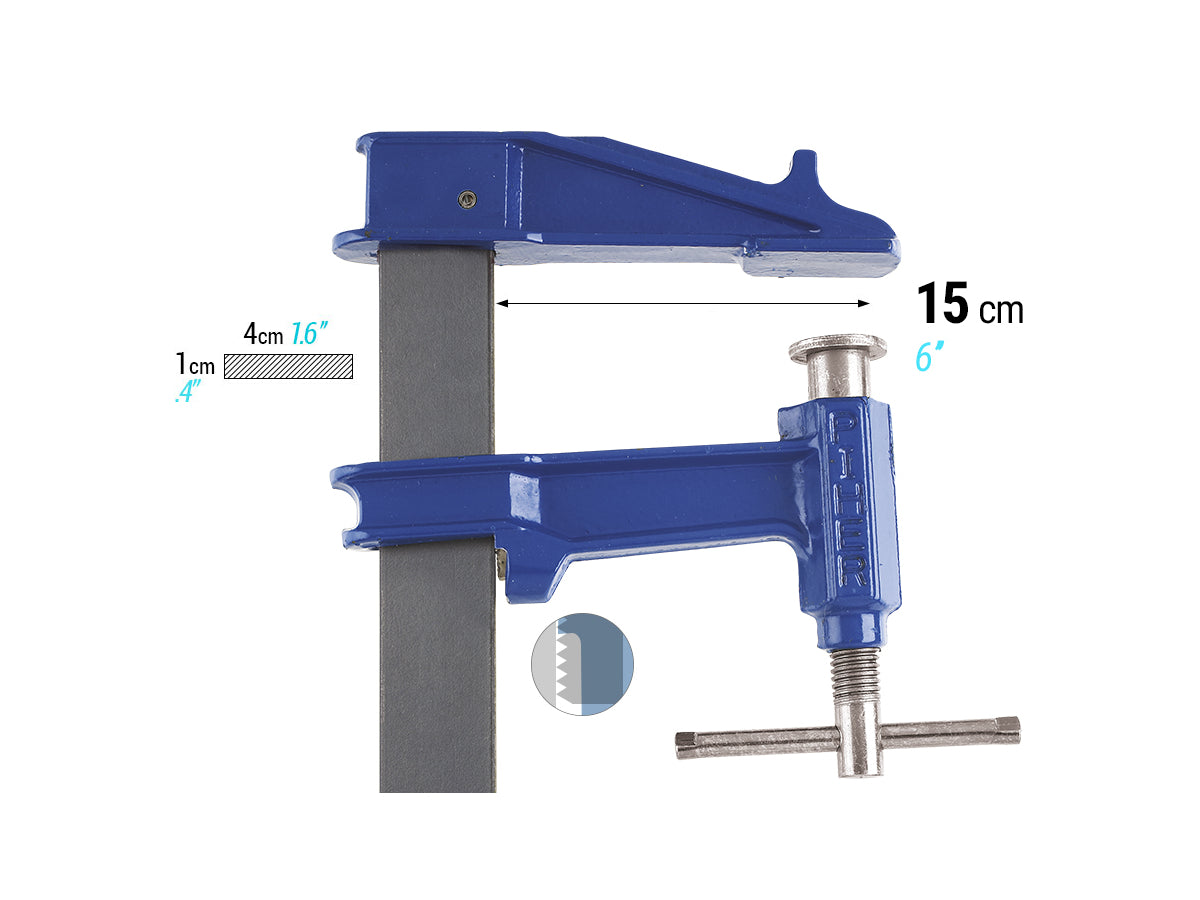 Piher Schraubzwinge R 30 cm Gleitbügel mit Anti-Rutsch-Bremse, Schiene 40x10 mm,Spannkraft bis zu:10000N,Ausladung 15 cm