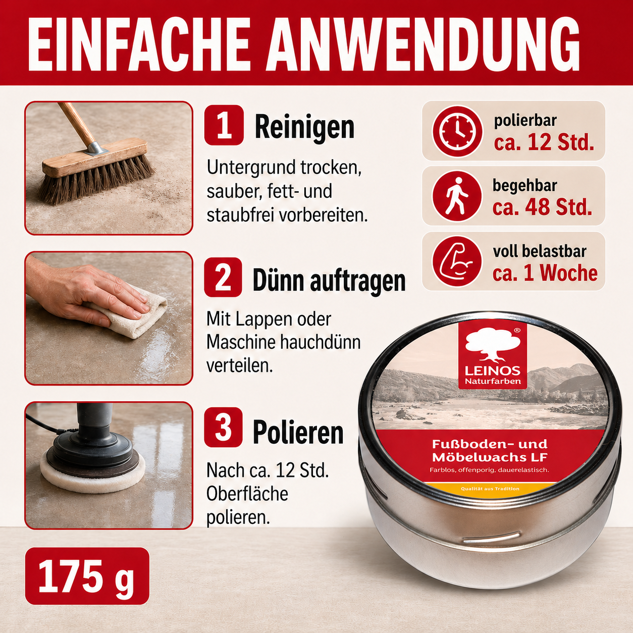 LEINOS Fußboden- & Möbelwachs LF 310 | 175 gramm Natürliches Hartwachs für Innenbereiche | Atmungsaktiver Schutz für Holz, Kork, Tonfliesen | Reines Naturwachs mit Bienen- & Carnaubawachs