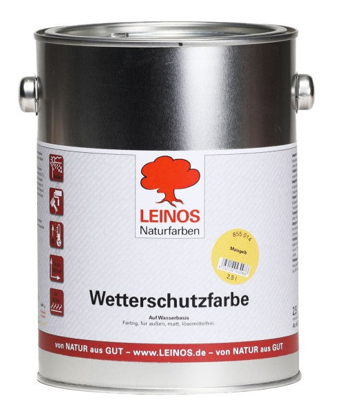 LEINOS Wetterschutzfarbe auf Wasserbasis 855 –2,50 l Maisgelb- Lösemittelfreier, matter Anstrich für unbehandelte Holzkonstruktionen im Außenbereich, ideal für sägeraues Holz