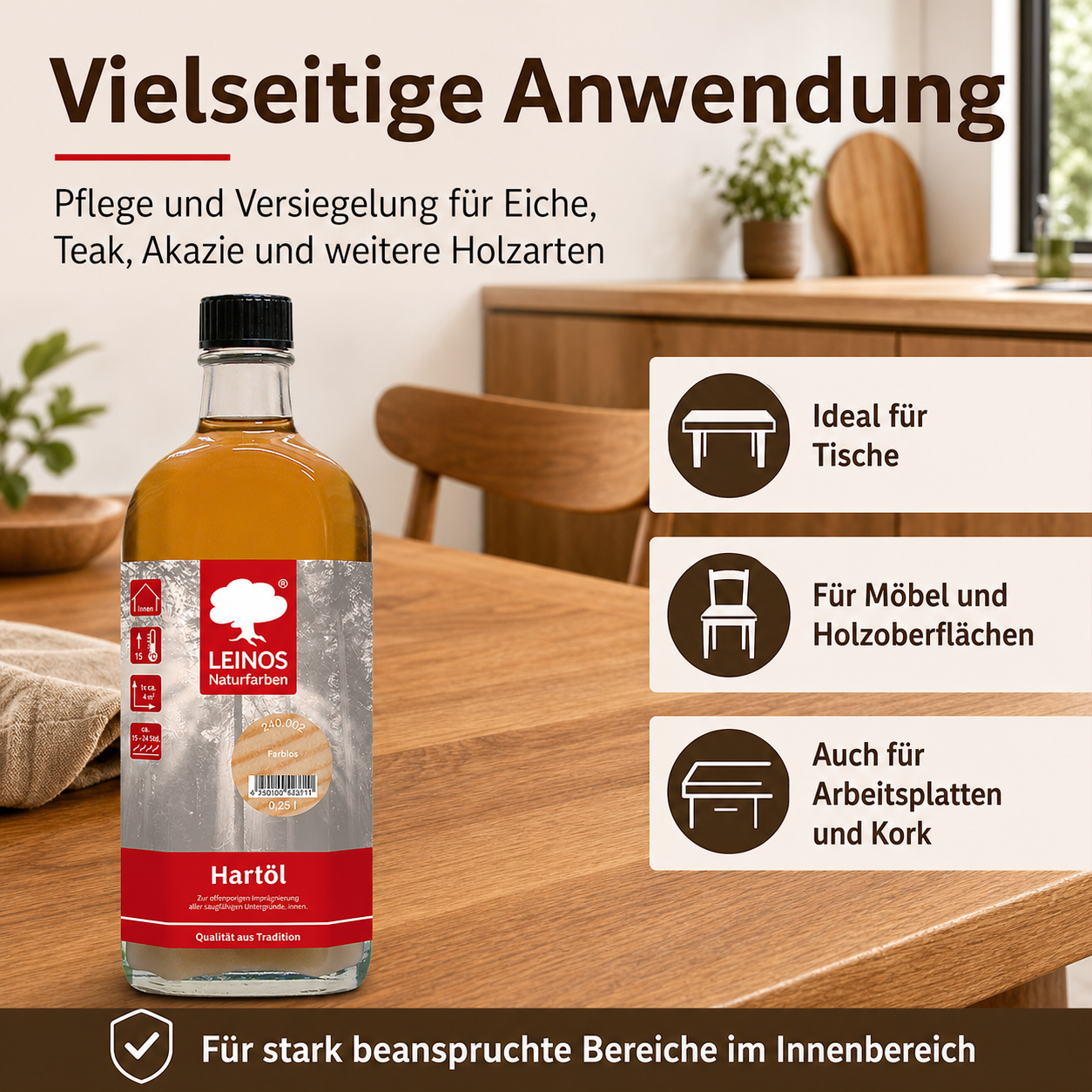 LEINOS Holzöl 250 ml | Hartöl Farblos für Tische Möbel Arbeitsplatten | Teak Eiche Möbelöl für effektive Versiegelung und langanhaltenden Schutz im Innenbereich