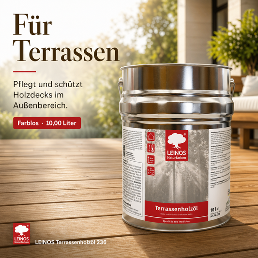 LEINOS Terrassenholzöl 236 | 10,00 Liter | Hochwertiges Holzöl für außen | Für Terrassen, Zäune, Kinderspielgeräte | Farbton: farblos | Tiefer Holzschutz & leichte Anwendung