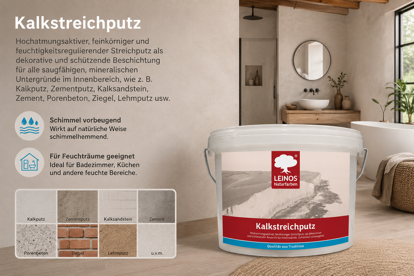 Kalkstreichputz 10,0 Liter für ca. 15–25 m² bei 2 Anstrichen, hochatmungsaktiver feinkörniger Streichputz, feuchtigkeitsregulierend, schimmelvorbeugend, für Feuchträume und Innenräume geeignet