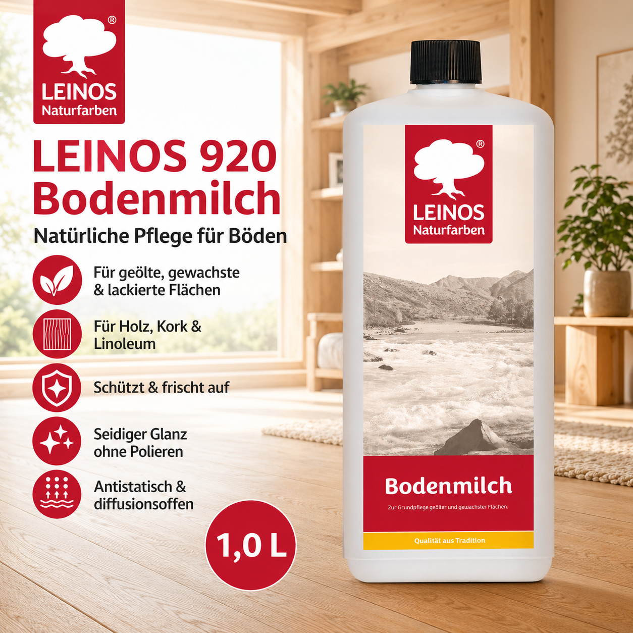 LEINOS 920 Bodenmilch 1 Liter | Pflegemittel für geölte, gewachste und lackierte Fußböden |  Holz, Kork und Linoleum | ergibt seidenglänzende Oberfläche