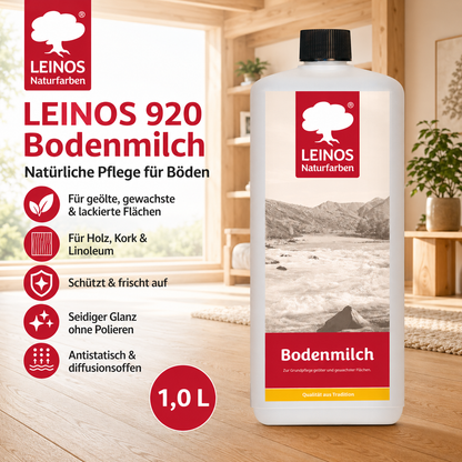 LEINOS 920 Bodenmilch 1 Liter | Pflegemittel für geölte, gewachste und lackierte Fußböden |  Holz, Kork und Linoleum | ergibt seidenglänzende Oberfläche
