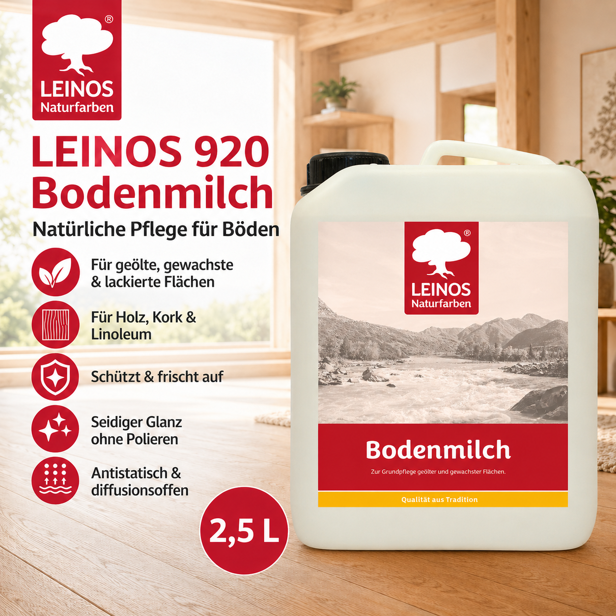 LEINOS 920 Bodenmilch 2,5 Liter | Pflegemittel für geölte, gewachste und lackierte Fußböden |  Holz, Kork und Linoleum | ergibt seidenglänzende Oberfläche