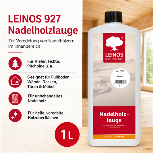 LEINOS 927 Nadelholzlauge 1,00 l Farblos | Zur Veredelung von Nadelhölzern im Innenbereich |  für Fußböden, Wände, Decken, Türen, Möbel