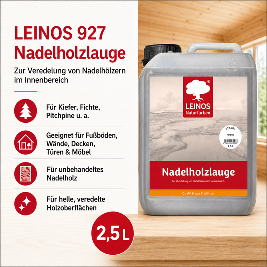 LEINOS 927 Nadelholzlauge 2,5 l Farblos | Zur Veredelung von Nadelhölzern im Innenbereich |  für Fußböden, Wände, Decken, Türen, Möbel