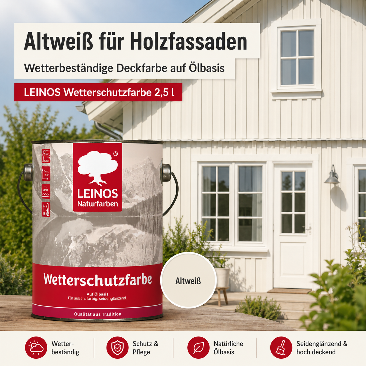 LEINOS Wetterschutzfarbe 2,5 l | Altweiß Holzlasur für Holzfassaden Fenster Gartenhäuser| wetterbeständige Deckfarbe für effektive Versiegelung und langanhaltenden Schutz auf Ölbasis im Außenbereich