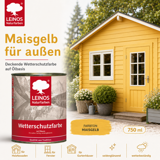 LEINOS Wetterschutzfarbe 2,5 l | Maisgelb Holzlasur für Holzfassaden Fenster Gartenhäuser| wetterbeständige Deckfarbe für effektive Versiegelung und langanhaltenden Schutz auf Ölbasis im Außenbereich