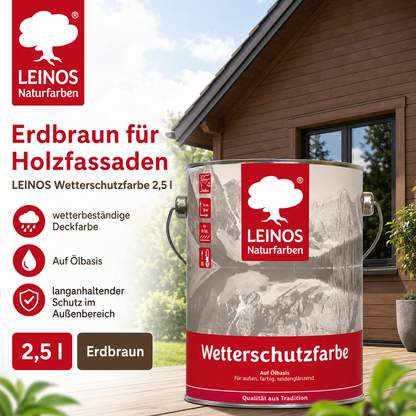 LEINOS Wetterschutzfarbe 2,5 l | Erdbraun Holzlasur für Holzfassaden Fenster Gartenhäuser| wetterbeständige Deckfarbe für effektive Versiegelung und langanhaltenden Schutz auf Ölbasis im Außenbereich