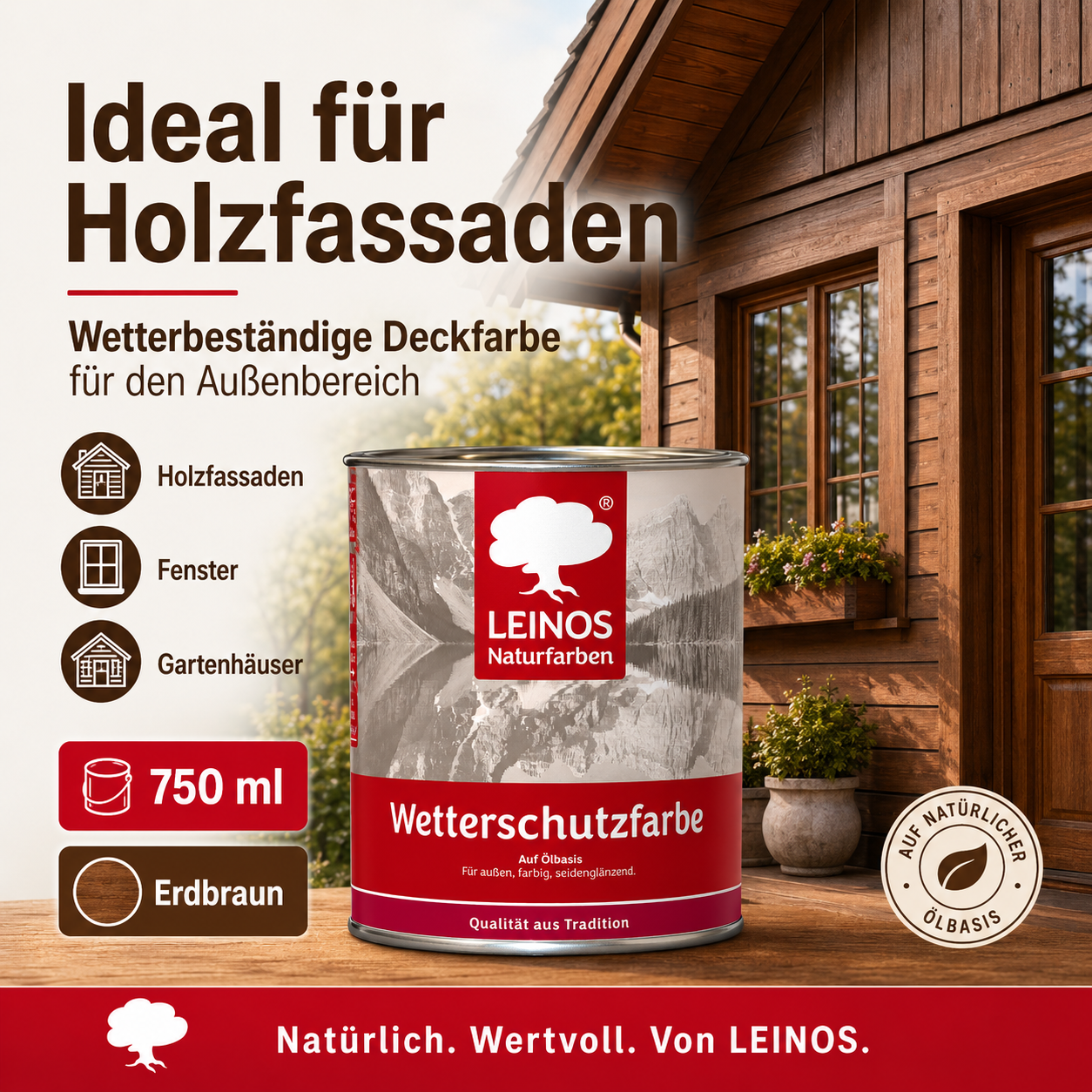 LEINOS Wetterschutzfarbe 750 ml | Erdbraun Holzlasur für Holzfassaden Fenster Gartenhäuser| wetterbeständige Deckfarbe für effektive Versiegelung und langanhaltenden Schutz auf Ölbasis im Außenbereich