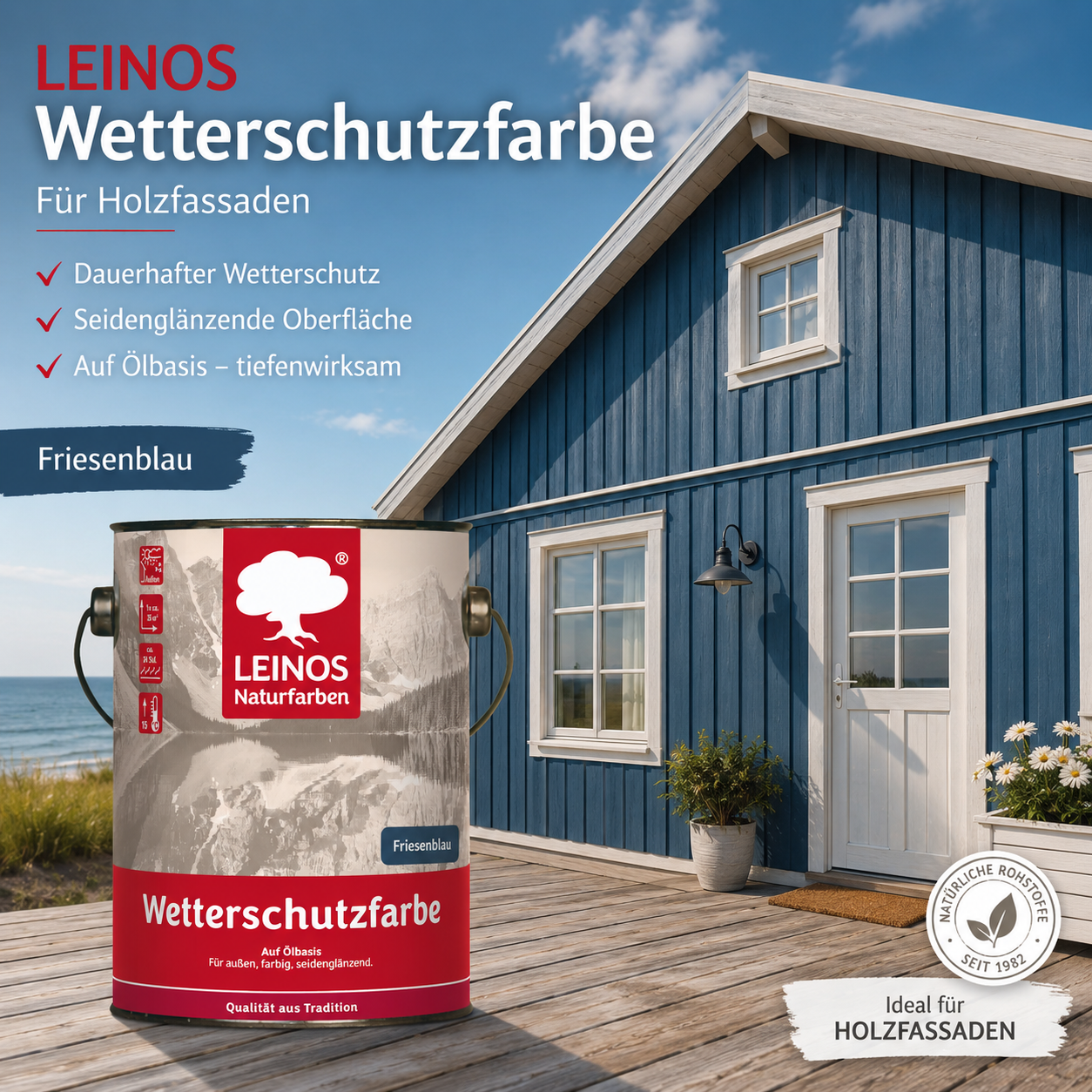 LEINOS Wetterschutzfarbe 2,5 l | Friesenblau Holzlasur für Holzfassaden Fenster Gartenhäuser| wetterbeständige Deckfarbe für effektive Versiegelung und langanhaltenden Schutz auf Ölbasis im Außenbereich