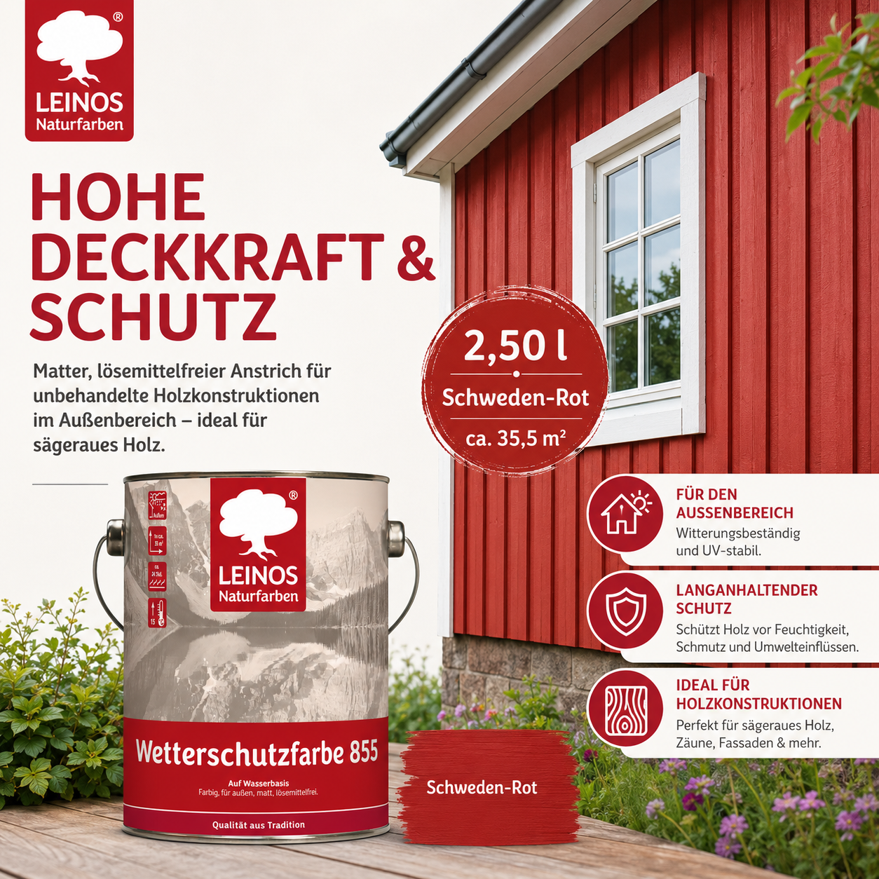 LEINOS Wetterschutzfarbe auf Wasserbasis 855 –2,5 l Schweden-Rot- Lösemittelfreier, matter Anstrich für unbehandelte Holzkonstruktionen im Außenbereich, ideal für sägeraues Holz
