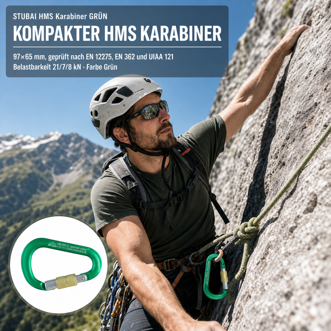 HMS Karabiner | Stubai Karabiner mit Schraubverschluss, Schraubkarabiner zum Klettern, Kletter-Karabinerhaken, Sicherungskarabiner zum Bergsteigen, Grün