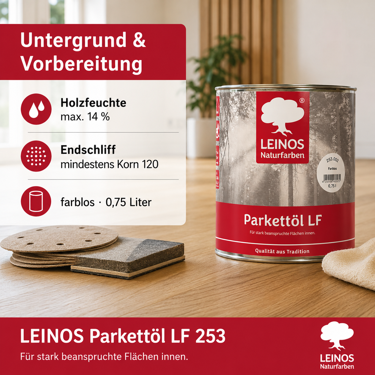 LEINOS Parkettöl LF 253 farblos 0,75 L – Lösemittelfreies Naturöl für Holzfußböden, offenporig & atmungsaktiv, schützt Parkett, Dielen & Massivholz im Innenbereich, betont die natürliche Maserung