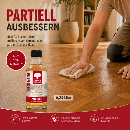 LEINOS Pflegeöl 285 | 0,25 L farblos (002) | Für alle geölten & gewachsten Holz-, Kork- & Linoleumflächen | Schutz gegen Laufstraßen | Seidenmatt & wasserabweisend | Innenbereich