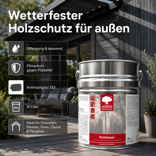 Wetterfeste Holzlasur für Außen 733 Anthrazitgrau 10,00 Liter - offenporiger Holzschutz mit Filmschutz gegen Pilzbefall - für Fenster, Türen, Zäune & Pergolen - wasserabweisend, lasierend