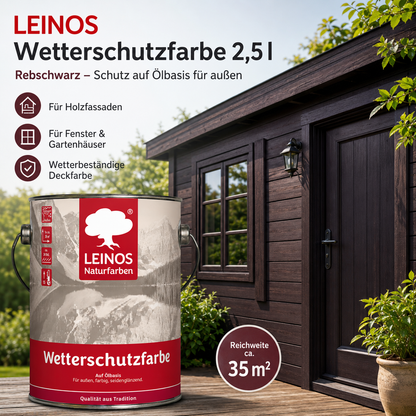 LEINOS Wetterschutzfarbe 2,5 l | Rebschwarz Holzlasur für Holzfassaden Fenster Gartenhäuser| wetterbeständige Deckfarbe für effektive Versiegelung und langanhaltenden Schutz auf Ölbasis im Außenbereich