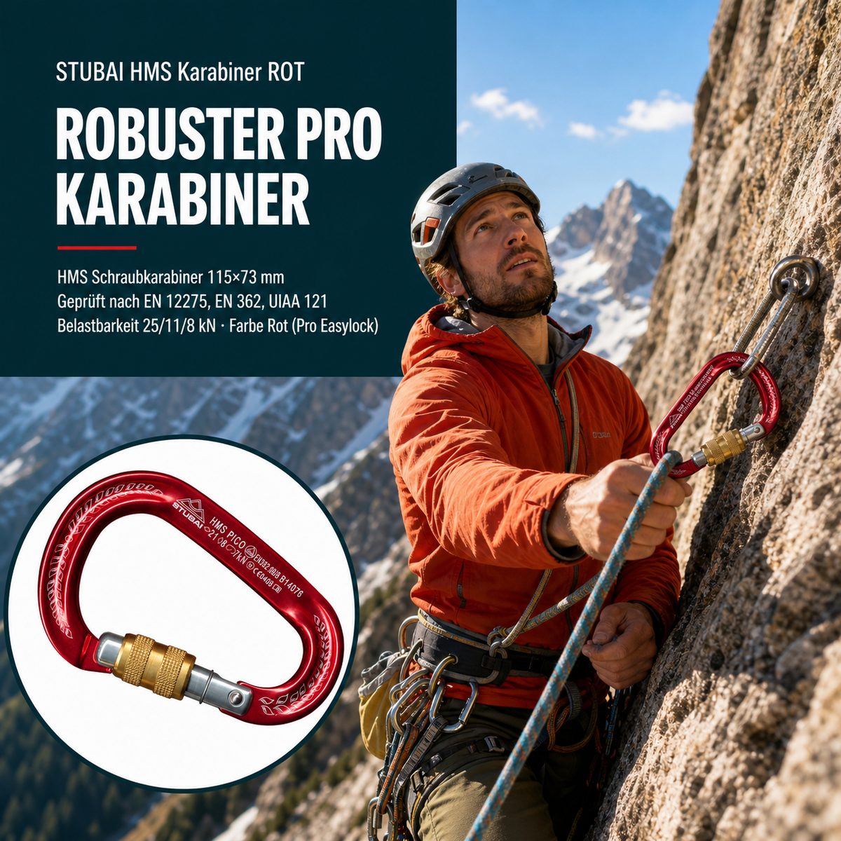 STUBAI HMS Karabiner Pico rot – Easylock, 80 g