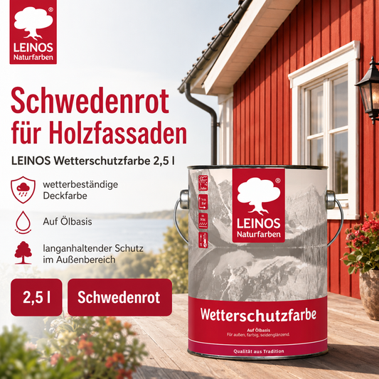 LEINOS Wetterschutzfarbe 2,5 l | Schwedenrot Holzlasur für Holzfassaden Fenster Gartenhäuser| wetterbeständige Deckfarbe für effektive Versiegelung und langanhaltenden Schutz auf Ölbasis im Außenbereich