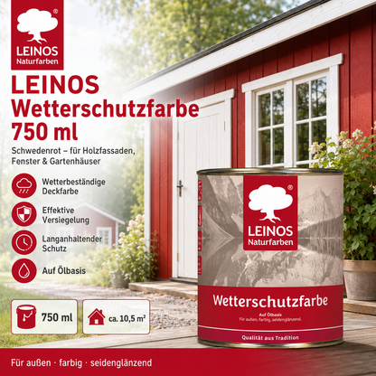 LEINOS Wetterschutzfarbe 750 ml | Schwedenrot Holzlasur für Holzfassaden Fenster Gartenhäuser| wetterbeständige Deckfarbe für effektive Versiegelung und langanhaltenden Schutz auf Ölbasis im Außenbereich