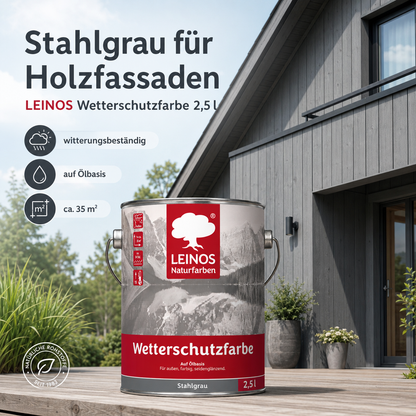 LEINOS Wetterschutzfarbe 2,5 l | Stahlgrau Holzlasur für Holzfassaden Fenster Gartenhäuser| wetterbeständige Deckfarbe für effektive Versiegelung und langanhaltenden Schutz auf Ölbasis im Außenbereich