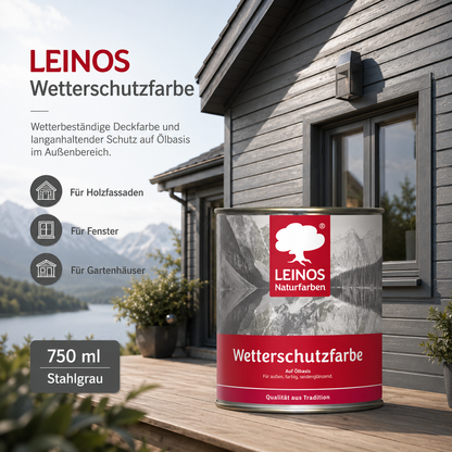 LEINOS Wetterschutzfarbe 750 ml | Stahlgrau Holzlasur für Holzfassaden Fenster Gartenhäuser| wetterbeständige Deckfarbe für effektive Versiegelung und langanhaltenden Schutz auf Ölbasis im Außenbereich