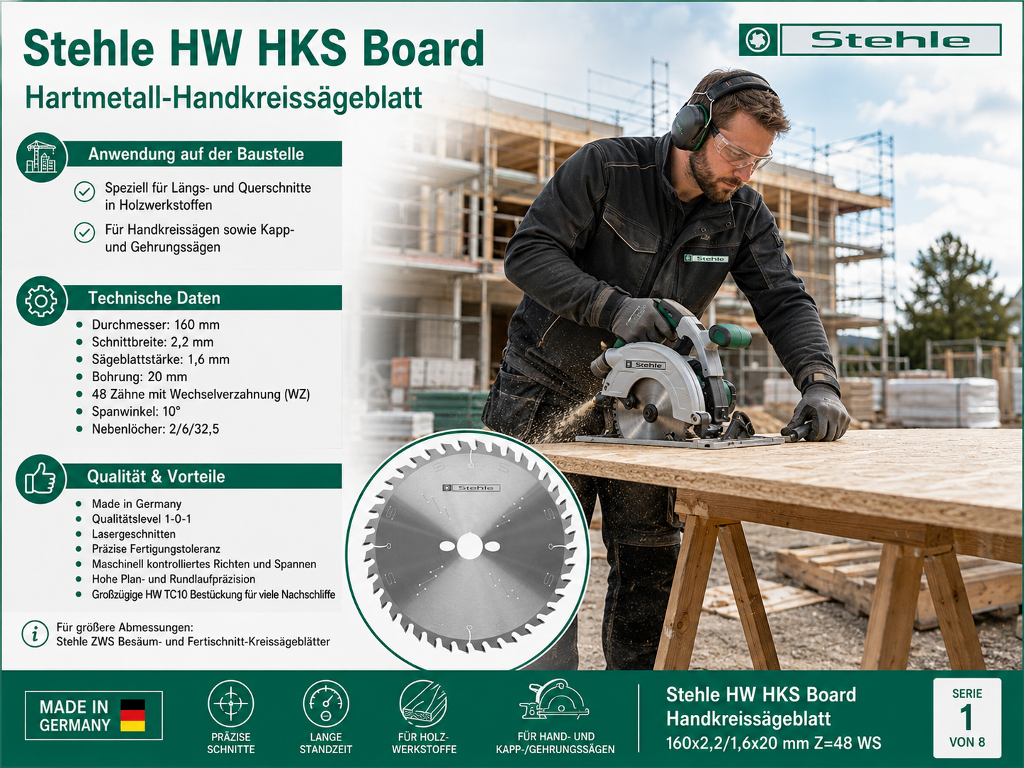Stehle HW HKS Board Handkreissägeblatt 160x2,2x20mm Z=48 WS | Wechselverzahnung ist speziell für Längs- und Querschnitte | Großzügige HW TC10 Bestückung für viele Nachschliffe