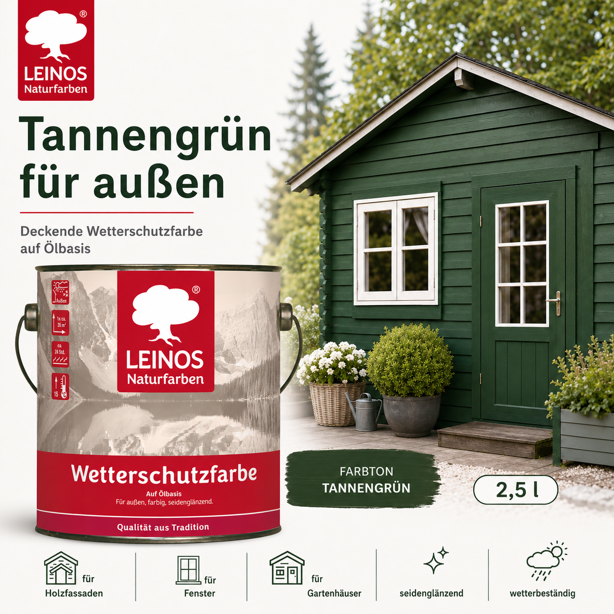 LEINOS Wetterschutzfarbe 2,5 l | Tannengrün Holzlasur für Holzfassaden Fenster Gartenhäuser| wetterbeständige Deckfarbe für effektive Versiegelung und langanhaltenden Schutz auf Ölbasis im Außenbereich