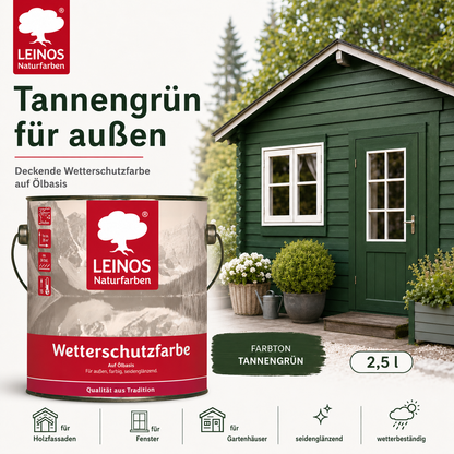 LEINOS Wetterschutzfarbe 2,5 l | Tannengrün Holzlasur für Holzfassaden Fenster Gartenhäuser| wetterbeständige Deckfarbe für effektive Versiegelung und langanhaltenden Schutz auf Ölbasis im Außenbereich