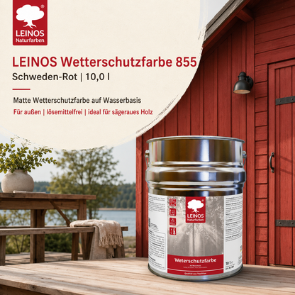 LEINOS Wetterschutzfarbe auf Wasserbasis 855 –2,5 l Schweden-Rot- Lösemittelfreier, matter Anstrich für unbehandelte Holzkonstruktionen im Außenbereich, ideal für sägeraues Holz