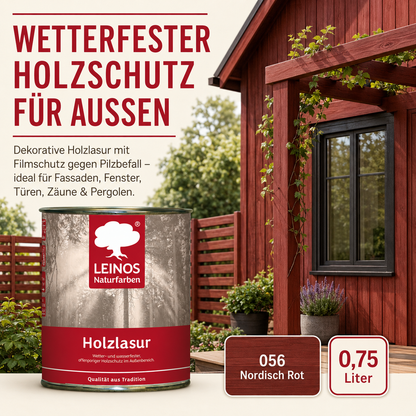 Wetterfeste Holzlasur für Außen 056 Nordisch Rot 0,75 Liter - offenporiger Holzschutz mit Filmschutz gegen Pilzbefall - für Fenster, Türen, Zäune & Pergolen - wasserabweisend, lasierend