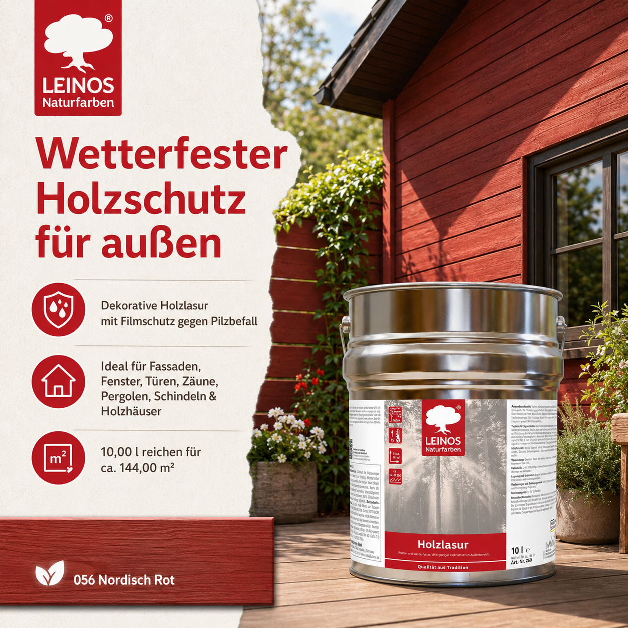 Wetterfeste Holzlasur für Außen 056 Nordisch Rot 10,00 Liter - offenporiger Holzschutz mit Filmschutz gegen Pilzbefall - für Fenster, Türen, Zäune & Pergolen - wasserabweisend, lasierend