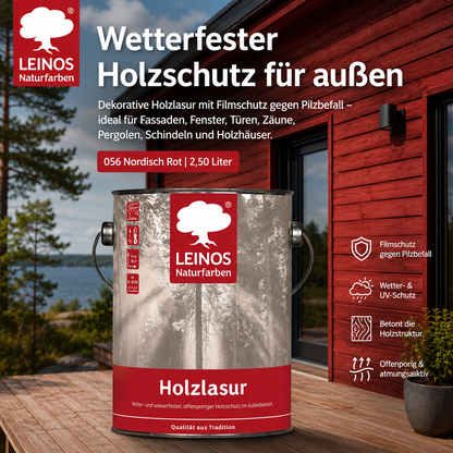 Wetterfeste Holzlasur für Außen 056 Nordisch Rot 2,50 Liter - offenporiger Holzschutz mit Filmschutz gegen Pilzbefall - für Fenster, Türen, Zäune & Pergolen - wasserabweisend, lasierend