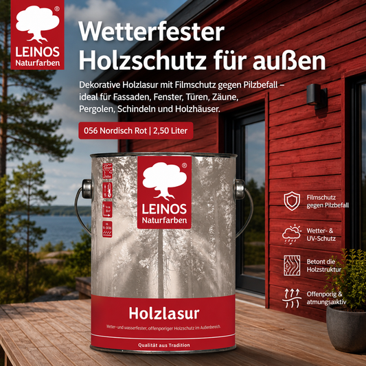 Wetterfeste Holzlasur für Außen 056 Nordisch Rot 2,50 Liter - offenporiger Holzschutz mit Filmschutz gegen Pilzbefall - für Fenster, Türen, Zäune & Pergolen - wasserabweisend, lasierend