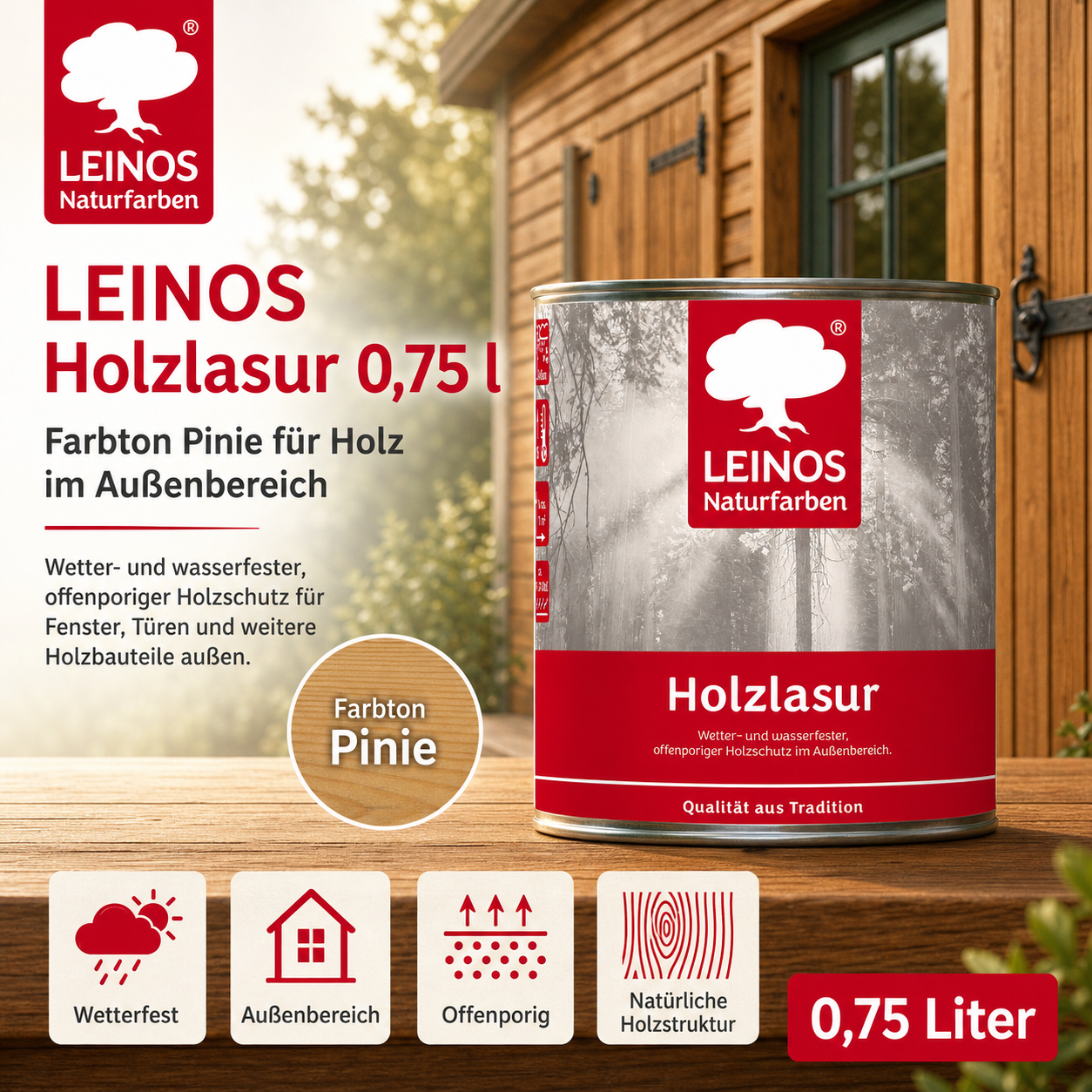 Wetterfeste Holzlasur für Außen 022 Pinie 2,50 Liter - offenporiger Holzschutz mit Filmschutz gegen Pilzbefall - für Fenster, Türen, Zäune & Pergolen - wasserabweisend, lasierend