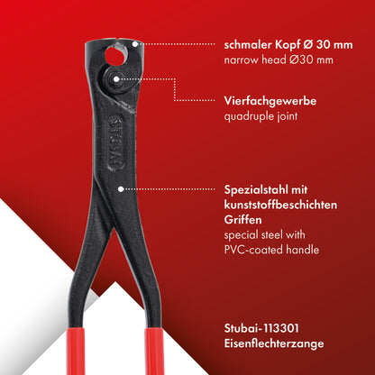 Eisenflechterzange mit schmalem Kopf | Ø 30 mm | STUBAI Vierfachgewerbe Kneifzange, Monierzange, Rabitzzange für die Metallbearbeitung, zum Flechten von Drähten an Baustahlgeweben