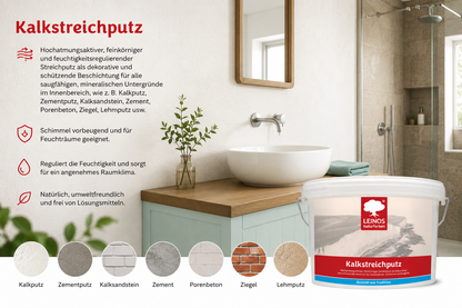 Kalkstreichputz 10,0 Liter für ca. 15–25 m² bei 2 Anstrichen, hochatmungsaktiver feinkörniger Streichputz, feuchtigkeitsregulierend, schimmelvorbeugend, für Feuchträume und Innenräume geeignet