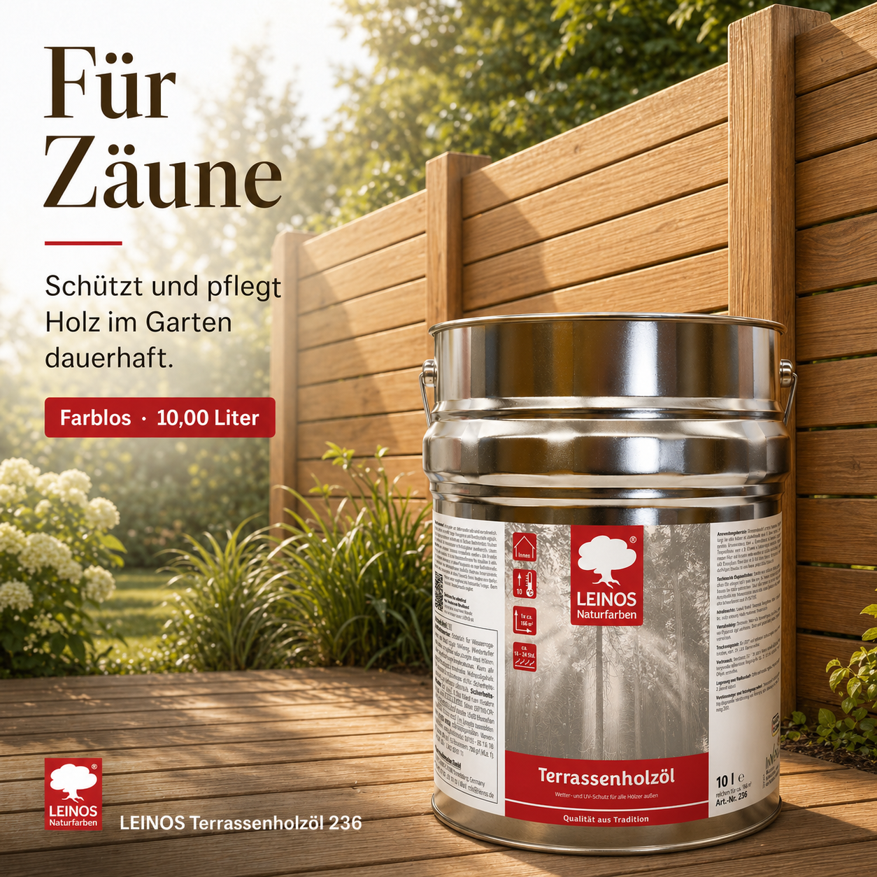 LEINOS Terrassenholzöl 236 | 10,00 Liter | Hochwertiges Holzöl für außen | Für Terrassen, Zäune, Kinderspielgeräte | Farbton: farblos | Tiefer Holzschutz & leichte Anwendung