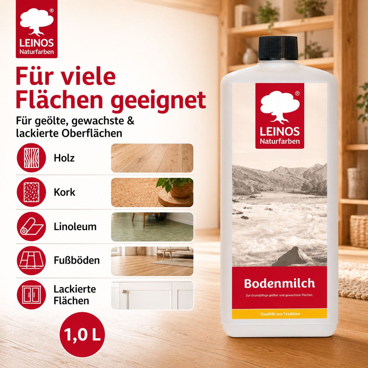 LEINOS 920 Bodenmilch 1 Liter | Pflegemittel für geölte, gewachste und lackierte Fußböden |  Holz, Kork und Linoleum | ergibt seidenglänzende Oberfläche