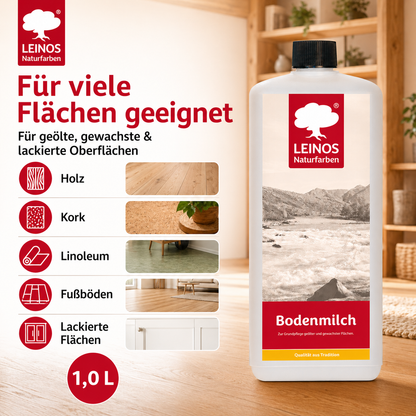 LEINOS 920 Bodenmilch 1 Liter | Pflegemittel für geölte, gewachste und lackierte Fußböden |  Holz, Kork und Linoleum | ergibt seidenglänzende Oberfläche