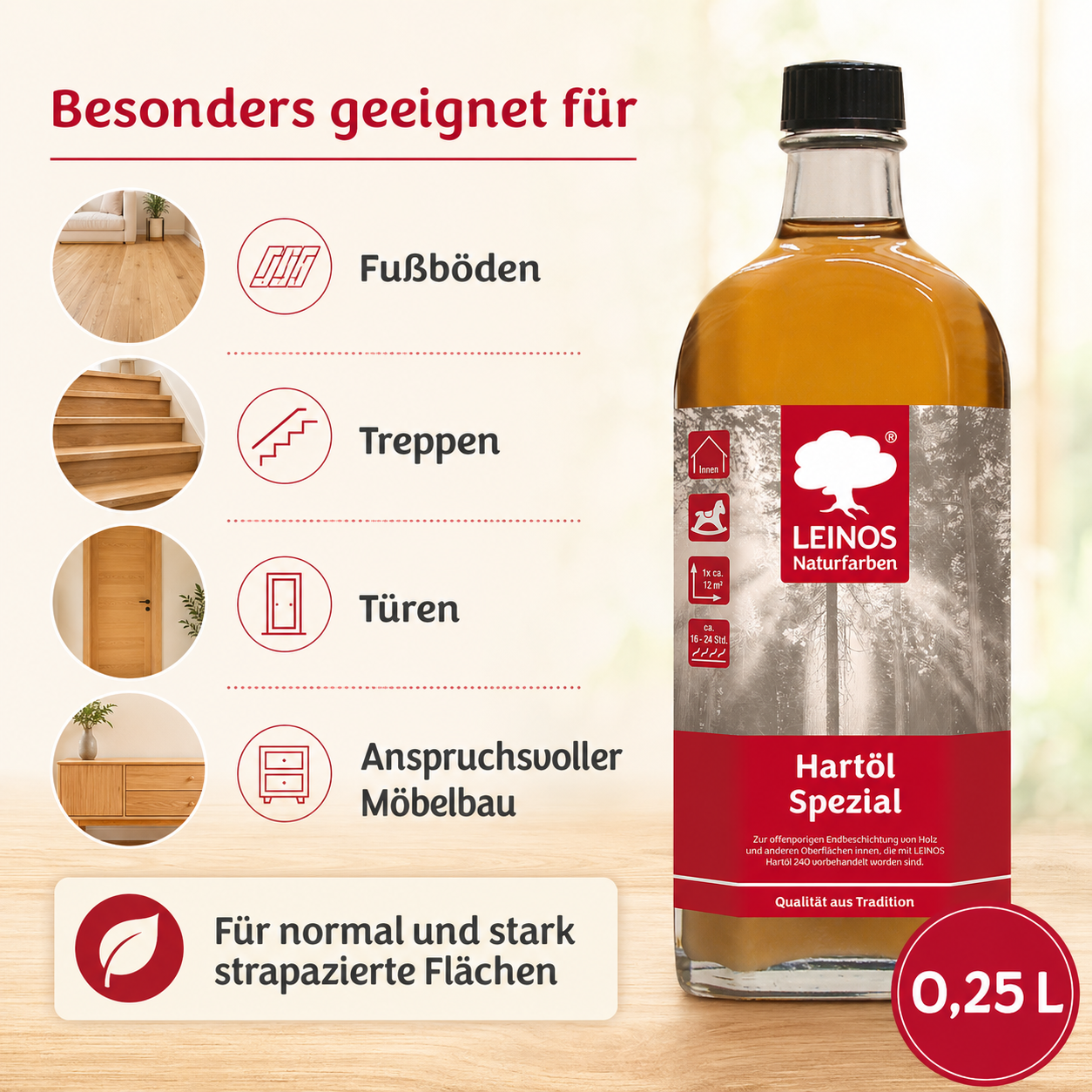 Leinos Spezial Hartöl 250 ml | Farbloses Versiegelungsöl | Holzöl für effektive Endbeschichtung und langanhaltenden Schutz im Innenbereich