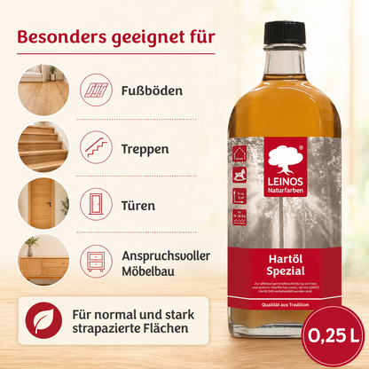 Leinos Spezial Hartöl 250 ml | Farbloses Versiegelungsöl | Holzöl für effektive Endbeschichtung und langanhaltenden Schutz im Innenbereich