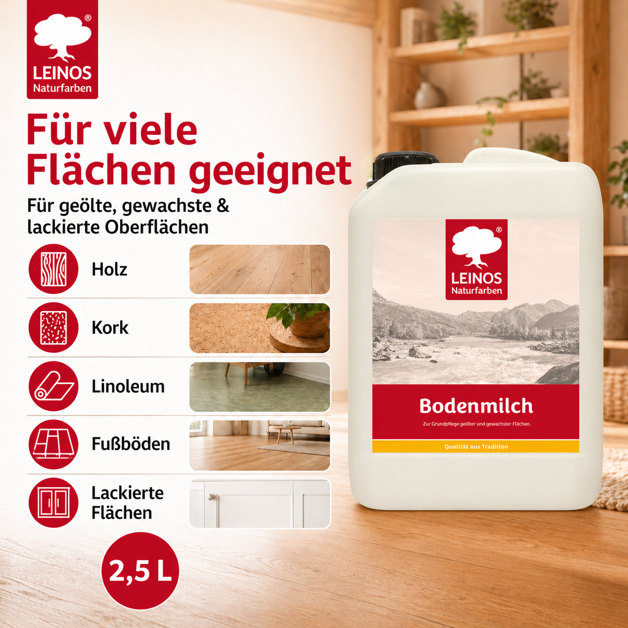 LEINOS 920 Bodenmilch 2,5 Liter | Pflegemittel für geölte, gewachste und lackierte Fußböden |  Holz, Kork und Linoleum | ergibt seidenglänzende Oberfläche