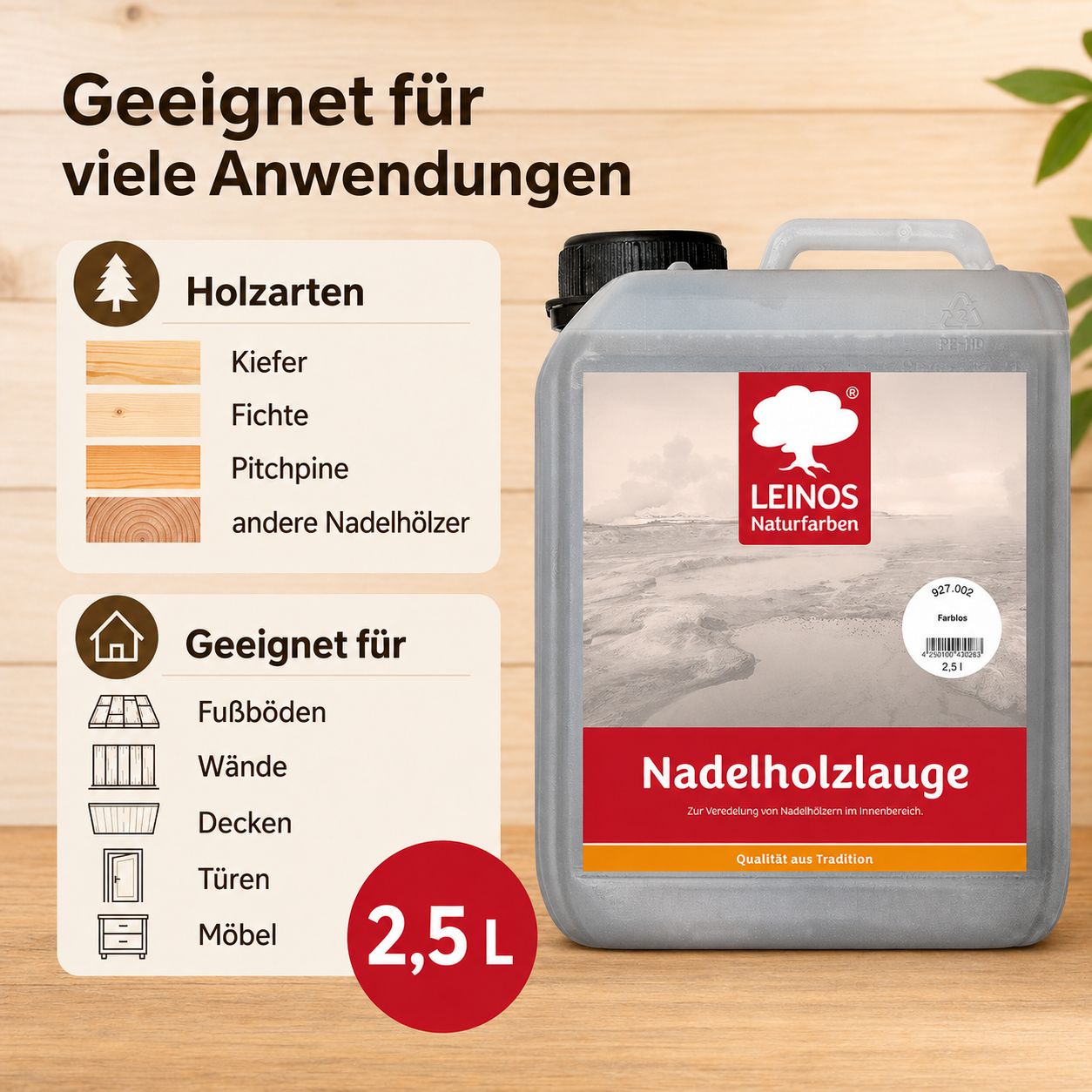 LEINOS 927 Nadelholzlauge 2,50 l weiss | Zur Veredelung von Nadelhölzern im Innenbereich |  für Fußböden, Wände, Decken, Türen, Möbel