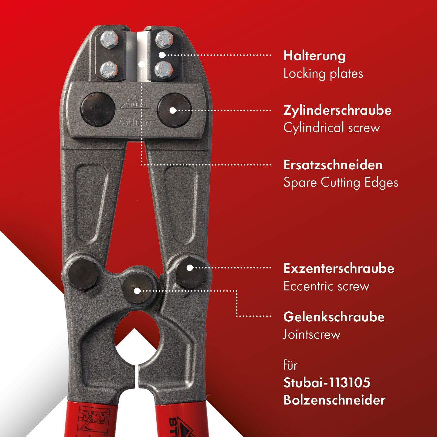 Bolzenschneider mit auswechselbaren Dreikantschneiden | 920 mm | STUBAI Metallschneider für die Metallverarbeitung, Schlösser, zum Schneiden von Baustählen, Bolzen, Drahtstiften, Stahlstangen