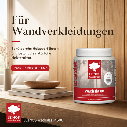 Leinos 600 Wachslasur für Innen 002 Farblos 0,75 l – wässrige Holzlasur für Möbel, Holzdecken, Wandverkleidungen und Kinderspielzeug im Innenbereich, farblos, pigmentierbar, leicht aufzutragen